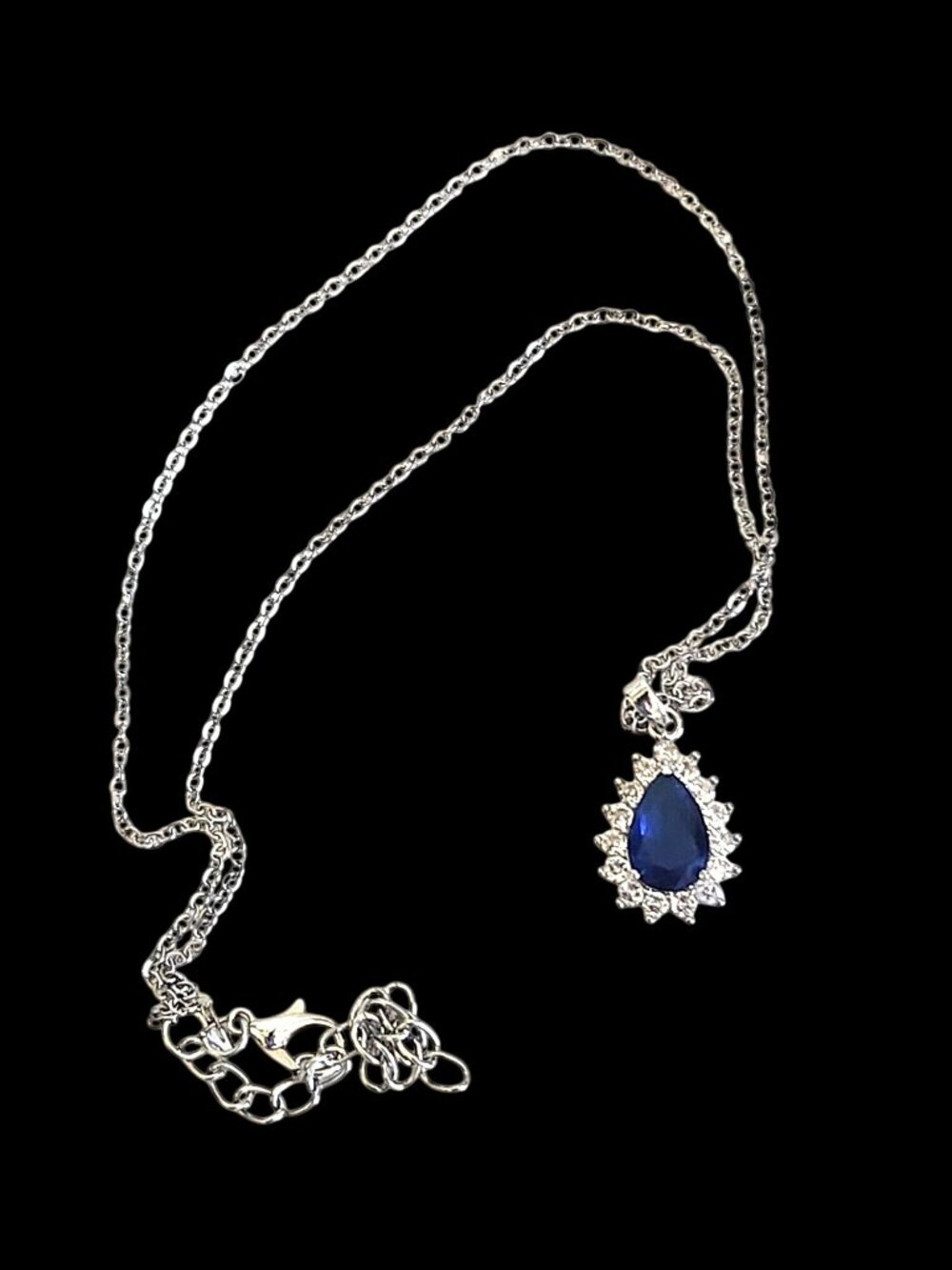 Teardrop Blue Sapphire Pendant Necklace With Silver Chain & Crystal Accents